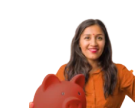 A woman smiling while holding a red piggy bank against a plain white background.