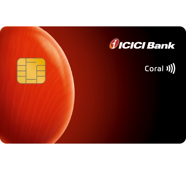 ICICI Bank Coral contactless card with modern dark design.