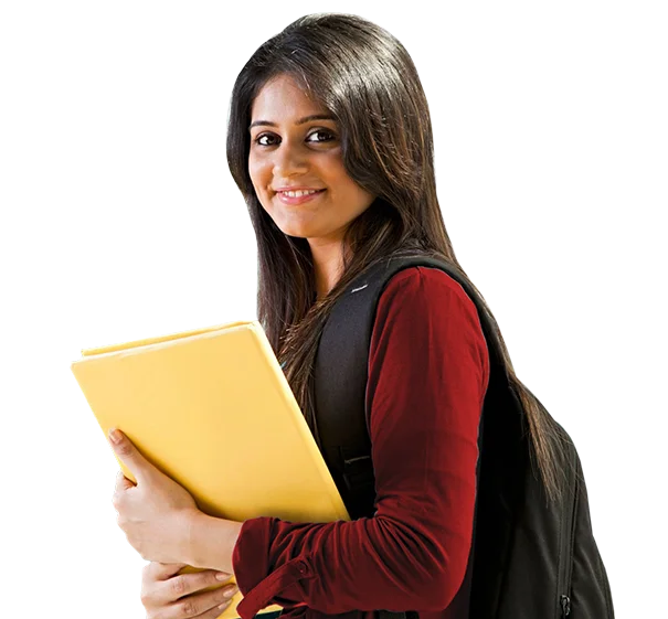 Smiling woman with long hair holding a yellow folder, wearing a maroon top and black vest against a black background