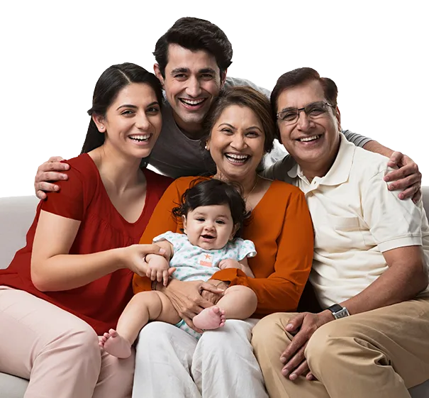Family of five smiling together in a warm-toned promotional banner