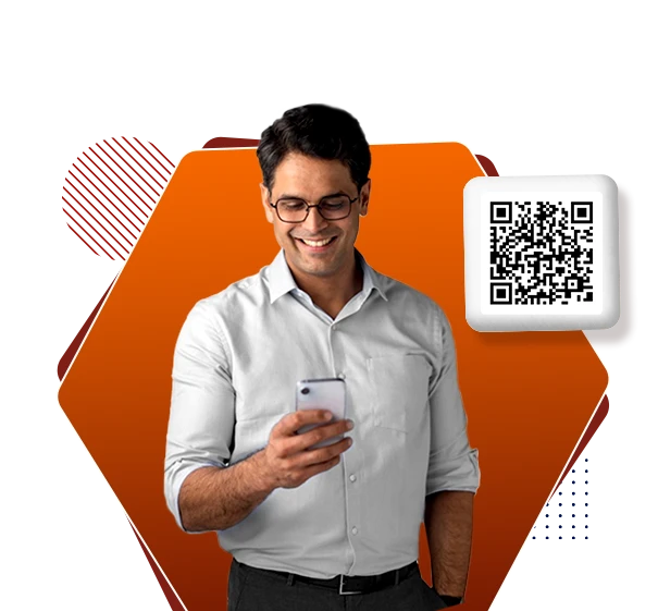 A man smiling while looking at his smartphone; a large QR code icon is displayed in the background.