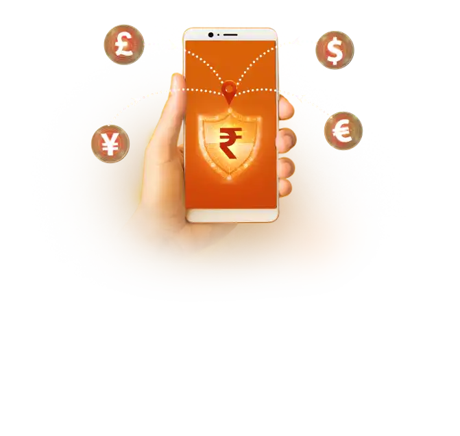 Hand holding smartphone with rupee shield and global currency symbols.
