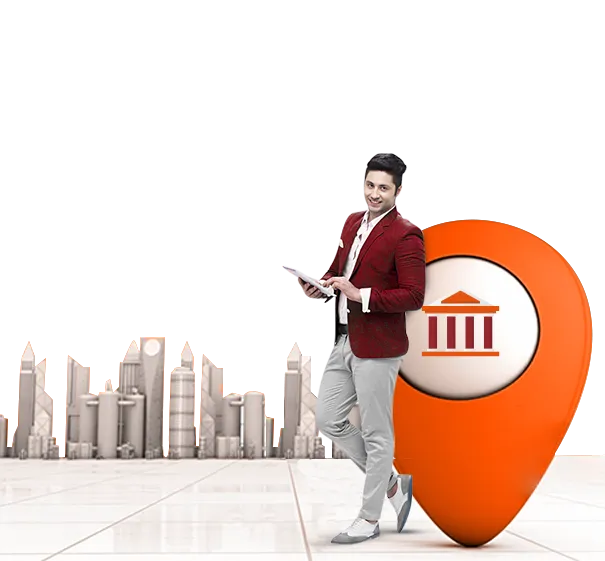 Man standing near large location pin with bank icon against city skyline background.