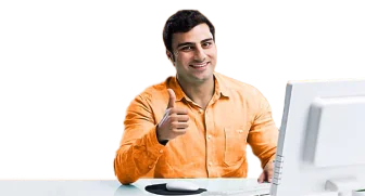 Digital banking banner with login now button and a man giving a thumbs up while using a desktop computer.