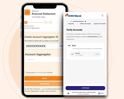 Smartphone screens displaying online banking application forms.