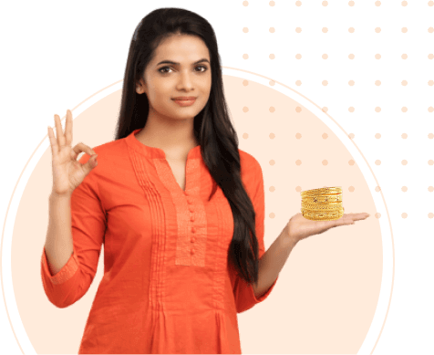 Woman in orange outfit gesturing OK sign with circular backdrop.