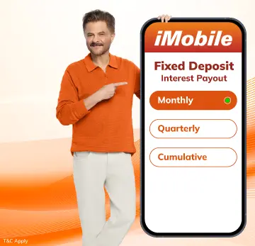 Senior citizen FD with monthly payout on iMobile app. Actor Anil Kapoor pointing to phone interface.