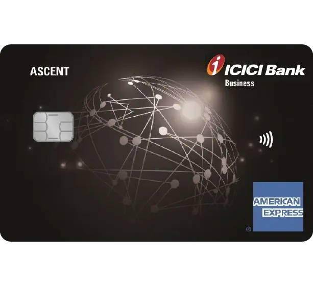 " ICICI Bank Ascent business card with global network graphic and American Express logo."