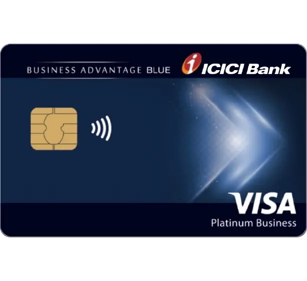 ICICI Bank Business Advantage Blue Visa debit card with a blue gradient and contact-less payment symbol.