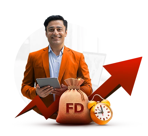 Man in orange blazer holding tablet with FD bag and upward arrow graphic,