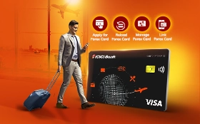 Businessman with luggage next to a large ICICI Bank Forex Card and icons for applying and reloading.