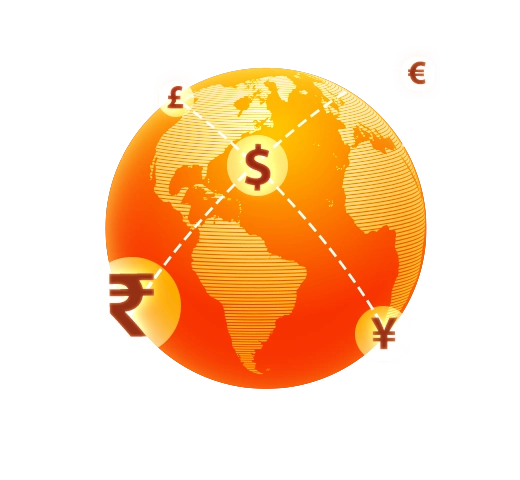 Global finance illustration with currency symbols around a world map.