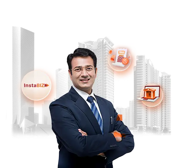 Businessman in suit with financial service icons around him.