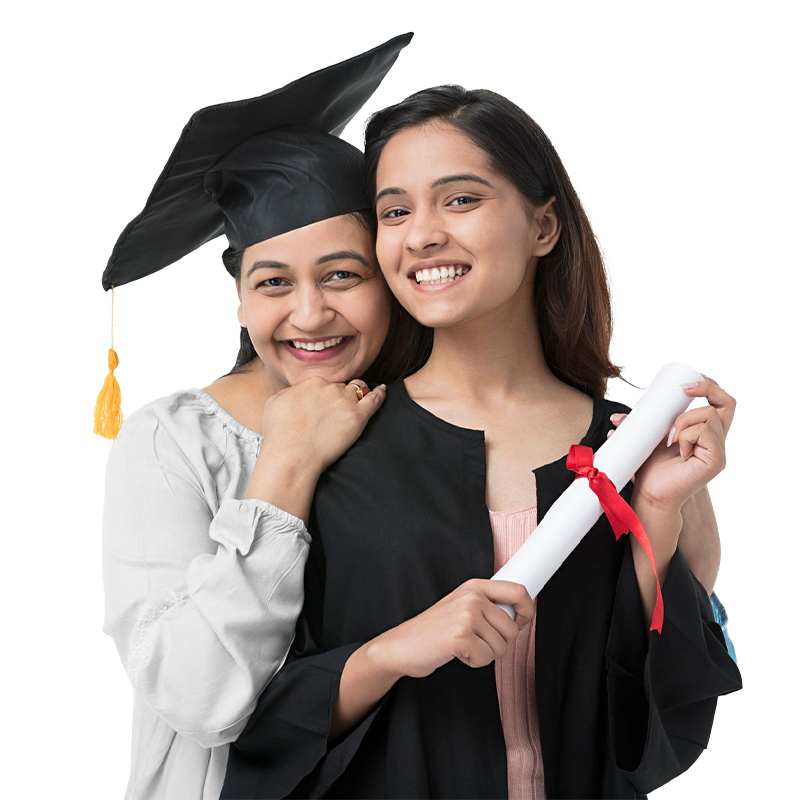 Graduate smiling with diploma beside proud mother.