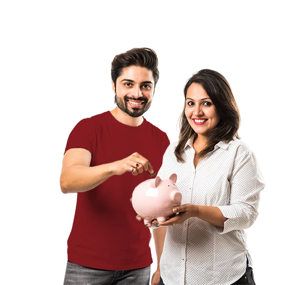 Young couple holding a piggy bank against an orange background.