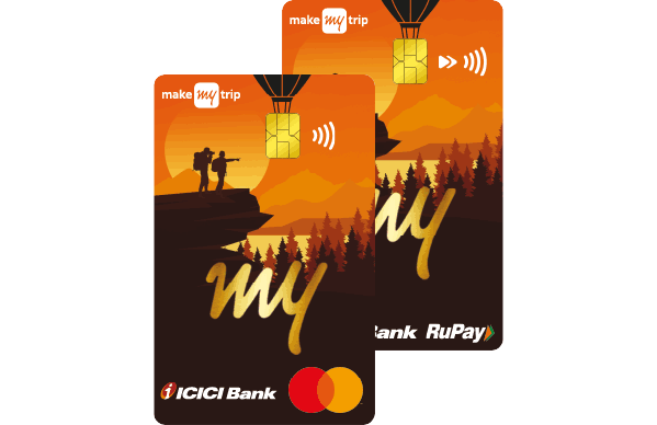 MakeMyTrip ICICI Bank card with hikers silhouette at sunset and Mastercard logo.