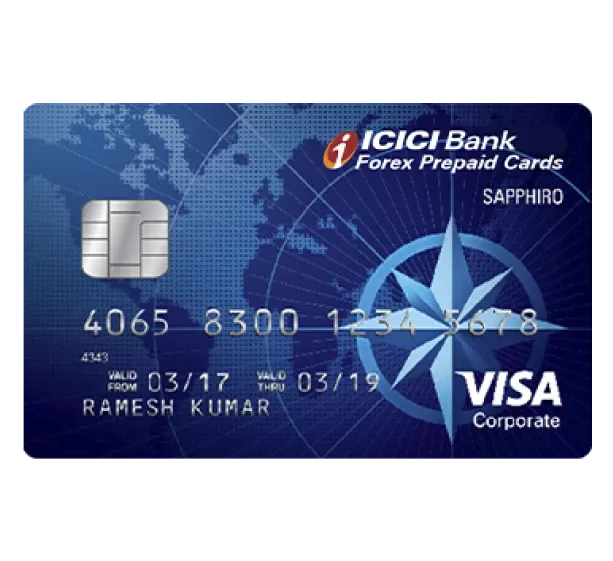 ICICI Bank forex prepaid Visa corporate card with chip, compass design background, and cardholder name displayed