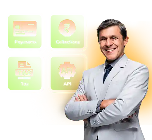 Man in formal attire with finance-related icons on orange background.