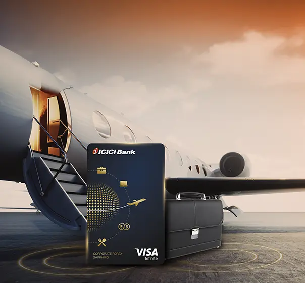 ICICI Bank credit card displayed on stand with staircase background.