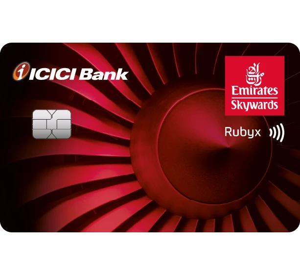ICICI Bank red credit card with dynamic red swirl design.