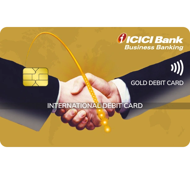 Business banking gold debit card graphic with handshake illustration and international debit card text