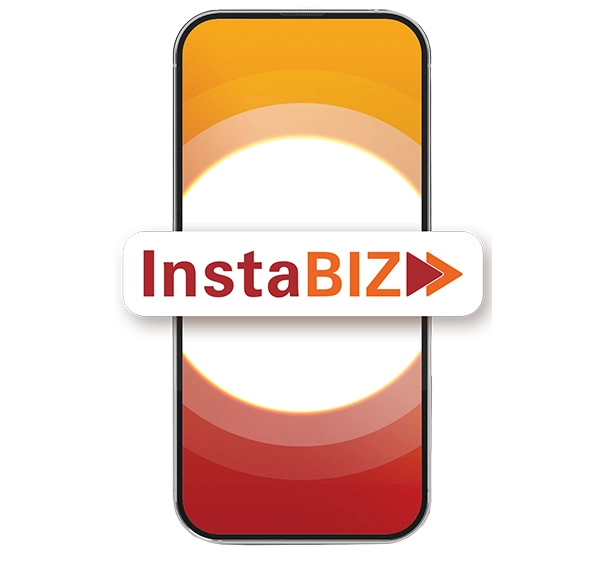 InstaBIZ app logo on orange and yellow background.
