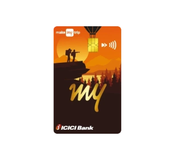 MakeMyTrip ICICI Bank card with hikers silhouette at sunset and Mastercard logo.