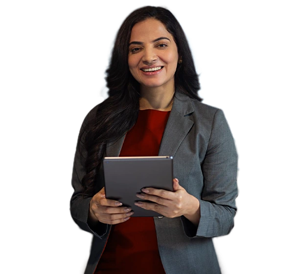 Woman holding tablet and smiling against orange background.