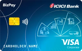 ICICI Bank BizPay Visa card in blue with contactles symbol.