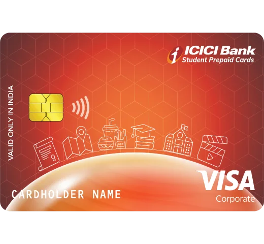 Orange ICICI Bank student prepaid card with chip, contactless symbol, and education icons