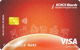 Orange ICICI Bank student prepaid card with chip, contactless symbol, and education icons