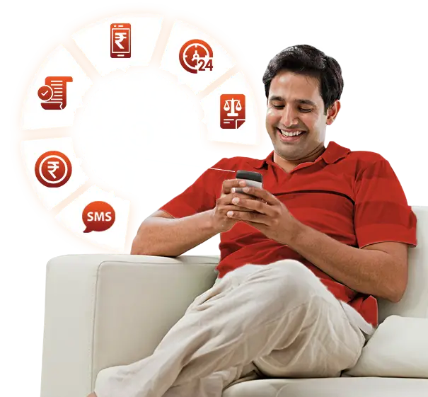 Man sitting on a chair using a mobile phone with icons behind him.
