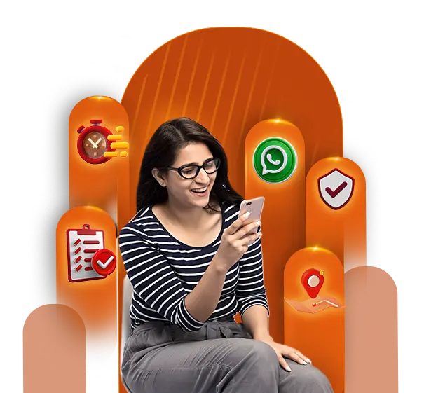 Woman using mobile banking features including WhatsApp and secure transactions.