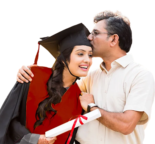 Father congratulating daughter in graduation cap holding certificated.