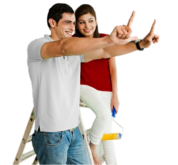 Smiling couple points forward while painting, with ladder and roller, orange background.