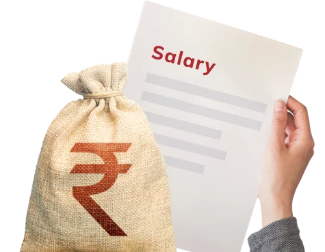 Hand holding salary slip next to money bag with rupee symbol