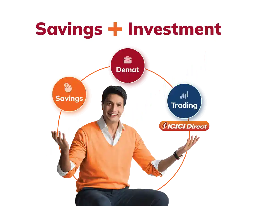 Savings and investment graphic with man balancing deposit and trading icons.
