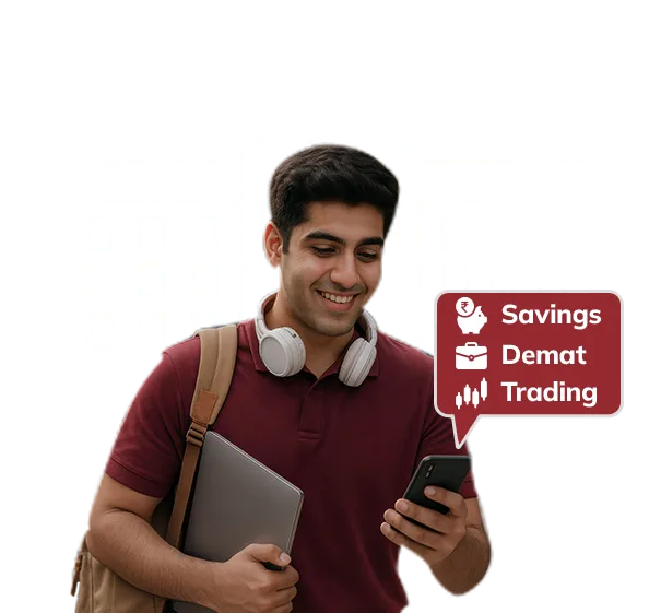 Young man with backpack using phone, campus-themed background.