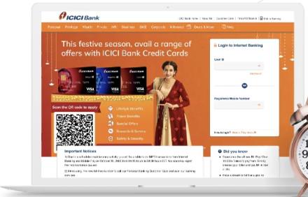 ICICI Bank credit card webpage with QR code and app screen.